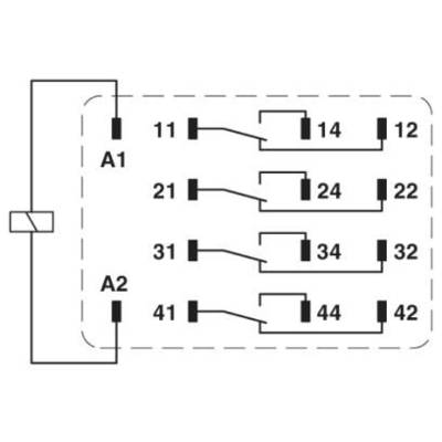Ein Schaltplan zeigt mehrere Reihen von Schaltern: Reihe 11-14, 21-24, 31-34, 41-44. Links sind Anschlüsse A1 und A2.