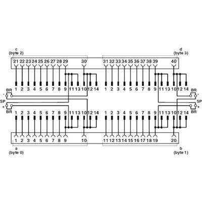 Schaltplan eines 4-Bit-Schieberegisters mit Eingängen und Ausgängen für 4 Bytes, gekennzeichnete Leitungen und Verbindungspunkte.