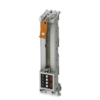 Klemmenblock in grauer Farbe mit orangem Hebel, verwendet zur Sicherung elektrischer Verbindungen.