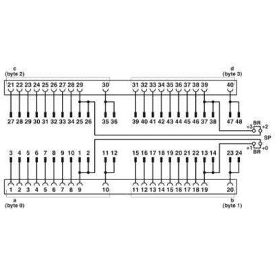 Schaltplan eines elektronischen Geräts mit 48 nummerierten Kontakten, aufgeteilt in drei Gruppen, verbunden durch Leitungen; zeigt Byte-Nummerierung.