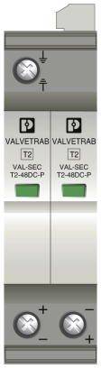 Schmaler Überspannungsschutz mit zwei grünen Anzeigen für betriebsbereit, beschriftet mit 'VALVETRAB' und 'VAL-SEC T2 48DC-P'.