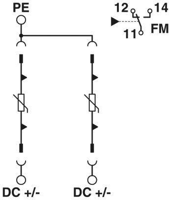 'Schaltschema einer elektrischen Verbindung mit Erdung (PE) und DC-Anschlüssen; Schalter mit Positionen 11, 12, 14 vermerkt.'