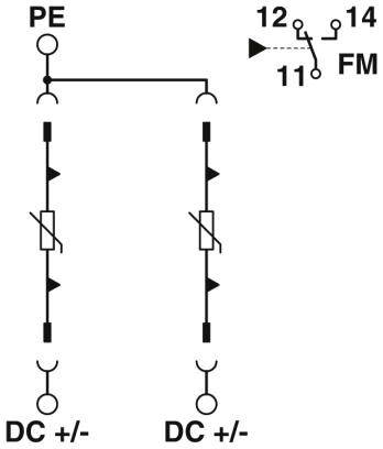 'Elektrischer Verdrahtungsplan mit Erdsymbol oben links, zwei parallel geschaltete Dioden in der Mitte und drei Anschlussklemmen.'