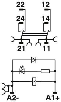 'Diagramm eines elektrischen Relais: Oben Anschlüsse 22, 24, 12, 14; unten A2-, A1+. Dioden und Widerstand zwischengeschaltet.'