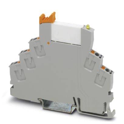 Ein graues Reihenklemmen-Modul mit orangefarbenen Kabelanschlüssen für die Hutschienenmontage in elektrischen Schaltschränken.