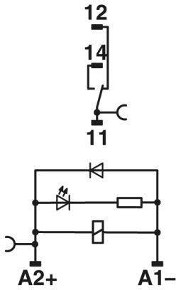 Schaltsymbol zeigt einen elektromechanischen Schalter mit numerierten Kontakten (11, 12, 14) und einer LED-Schaltung zwischen A2+ und A1-.