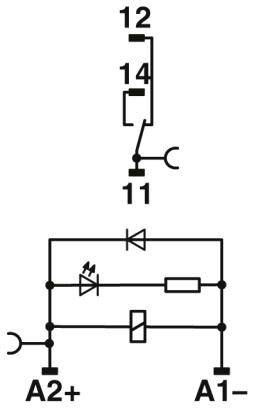 Ein Schaltplan mit einem Relais; zeigt Verbindungen von Klemmen 12, 14, 11 und A2+, A1-. Beinhaltet Dioden, LED und einen Widerstand.