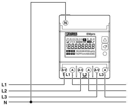Schaltplan eines digitalen Stromzählers mit Anschlüssen für Neutralleiter (N) und Phasenleitungen (L1, L2, L3).