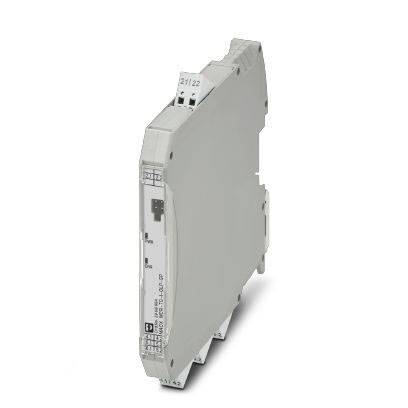 Elektronisches Gerät auf DIN-Schiene, schmal und rechteckig, wahrscheinlich zur Signalverarbeitung oder Stromregelung verwendet.