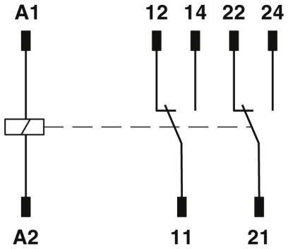 Schaltplan eines Relais mit Spule zwischen A1 und A2, verbunden mit Schaltern 11-12, 11-14, 21-22, 21-24, die Kontakte darstellen.