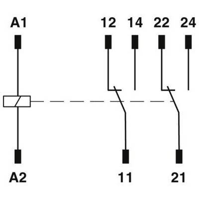 Schaltplan eines Relais mit Spule zwischen A1 und A2, verbunden mit Schaltern 11-12, 11-14, 21-22, 21-24, die Kontakte darstellen.