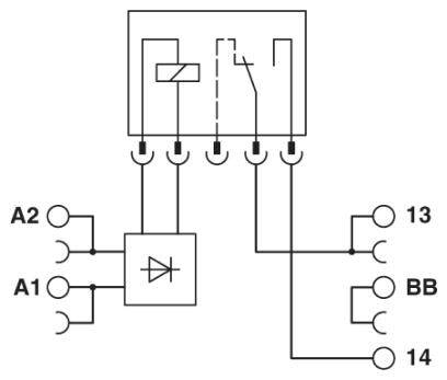 Schaltplan eines Relais mit Anschlüssen A1, A2, 13, 14 und BB. Zeigt die interne Spule, Diode und Schalterverbindung.