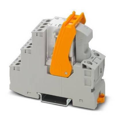 Grauer elektrischer Reihenklemmblock mit orangener Hebel, verwendet für den Anschluss von elektrischen Leitungen in Schalttafeln.