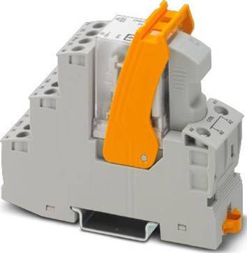 Ein graues Relais mit orangefarbenem Hebel, montiert auf einer DIN-Schiene, dient zur Steuerung von elektrischen Schaltungen.