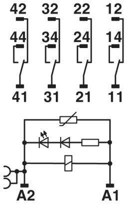 Elektrisches Schaltplan-Diagramm mit verschiedenen nummerierten Schaltern (42, 32, 22, 12) und Kontakten (44, 34, 24, 14). Unten weitere Bauteile mit Anschlüssen A1, A2.