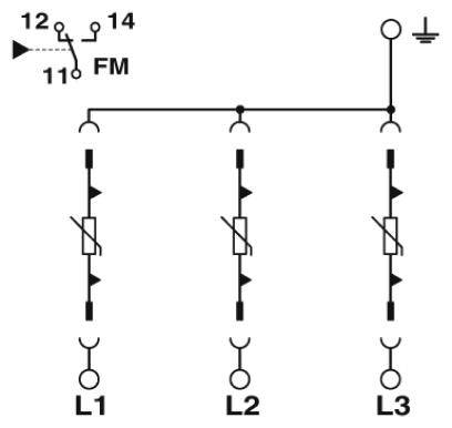 Elektrischer Schaltplan zeigt dreiphasiges System mit drei Sicherungen und einem Erdungssymbol. Schaltkontakte und Messgeräte sind erkennbar.