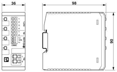 'Zeichnung eines elektronischen Geräts mit Abmessungen: 36 mm Breite, 98 mm Länge, 90 mm Höhe. Anschlüsse und Schalter vorne sichtbar.'