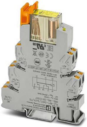 Ein graues, elektrisches Koppelrelais mit orangefarbenem Hebel und Beschriftungen zeigt Schaltpläne und technische Spezifikationen.