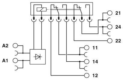Schaltplan einer elektrischen Schaltung mit Schaltern, Dioden und Anschlüssen, die verschiedene Leitungspfade darstellen.