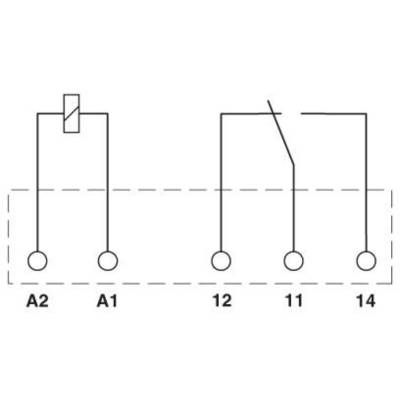 Schaltsymbol für ein Relais mit Spule an A1 und A2 und Kontakten an 11, 12 und 14.
