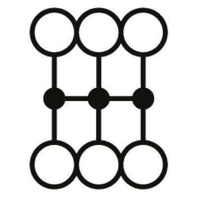 Sechs Kreise sind wie in einem 3x2-Raster angeordnet, verbunden durch Linien, die ein rechteckiges Muster bilden.