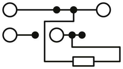 Diagramm mit verbundenen Kreisen und einem Rechteck, das ein Schaltungslayout darstellt. Linien verbinden die Elemente.