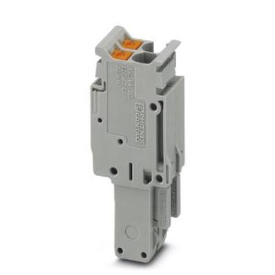 Ein grauer Reihenklemmenadapter mit zwei orangefarbenen Anschlüssen, seitlich beschriftet mit 'Phoenix Contact' für elektrische Installationen.