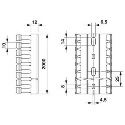 Technische Zeichnung eines Steckverbinderlayouts mit Maßen in Millimetern: Links 2000 x 10, rechts 6,5, 14, 12, 8, 25, 4,5.