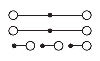 Drei horizontale Linien, jede mit zwei umrandeten Kreisen an den Enden und einem ausgefüllten Kreis in der Mitte, symbolisieren Verbindungen.