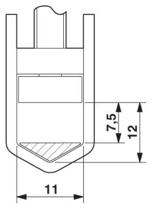 Technische Zeichnung eines Steckverbinders mit Bemaßungen: Breite 11 mm, Höhen 7,5 mm und 12 mm. Linie und Schraffur zeigen Struktur.