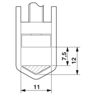 Technische Zeichnung eines Steckverbinders mit Bemaßungen: Breite 11 mm, Höhen 7,5 mm und 12 mm. Linie und Schraffur zeigen Struktur.