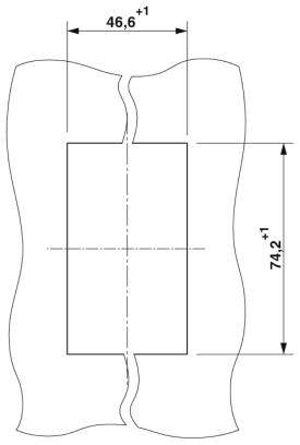 Skizze eines unregelmäßig geformten Objekts mit einem rechteckigen Innenmaß von 46,6 cm Breite und 74,2 cm Höhe, jeweils ±1 cm.