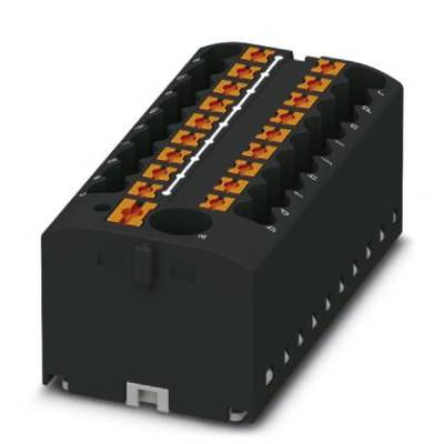 Ein schwarzes elektrisches Anschlussmodul mit mehreren Klemmenreihen. Orangenfarbene Hebel erleichtern die Verbindung von Kabeln.