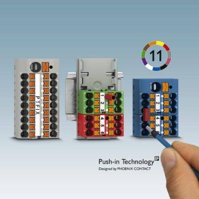 Drei Steckklemmen in verschiedenen Farben mit Zahlenbeschriftung. Ein Stift zeigt auf die blaue Klemme. Text unten: 'Push-in Technology'.