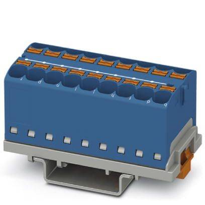 Ein blauer elektrischer Steckverbinder mit mehreren orangefarbenen Anschlüssen zur Befestigung auf einer Metallschiene.