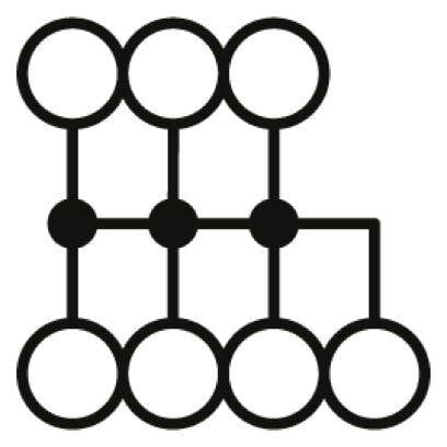 'Ein Diagramm in Form eines stilisierten Absperrbandes mit sechs Kreisen oben und unten, verbunden durch Linien.'