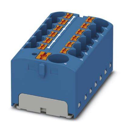 Blaues elektrisches Anschlussmodul mit mehreren orangefarbenen Klemmen, zur sicheren Verbindung von Kabeln in elektrischen Installationen.