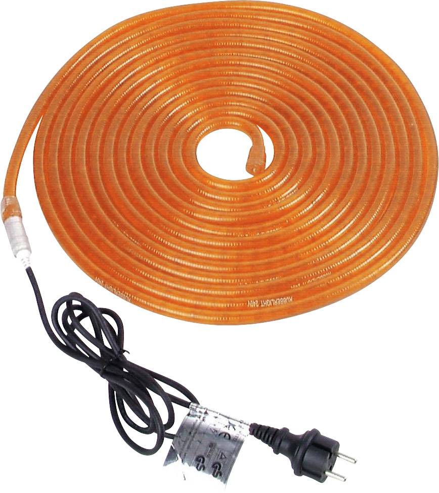 Ein orangefarbenes Heizkabel aufgerollt in einer Spirale mit einem schwarzen Stecker. Es wird für das Auftauen von Rohren verwendet.