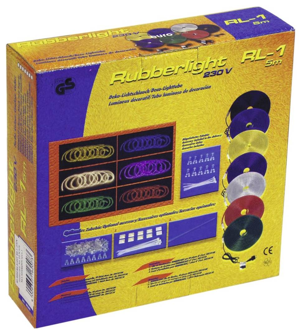 Verpackung von 'Rubberlight RL-1 5m', zeigt mehrere dekorative Lichterketten in verschiedenen Farben und Aufmachungen.