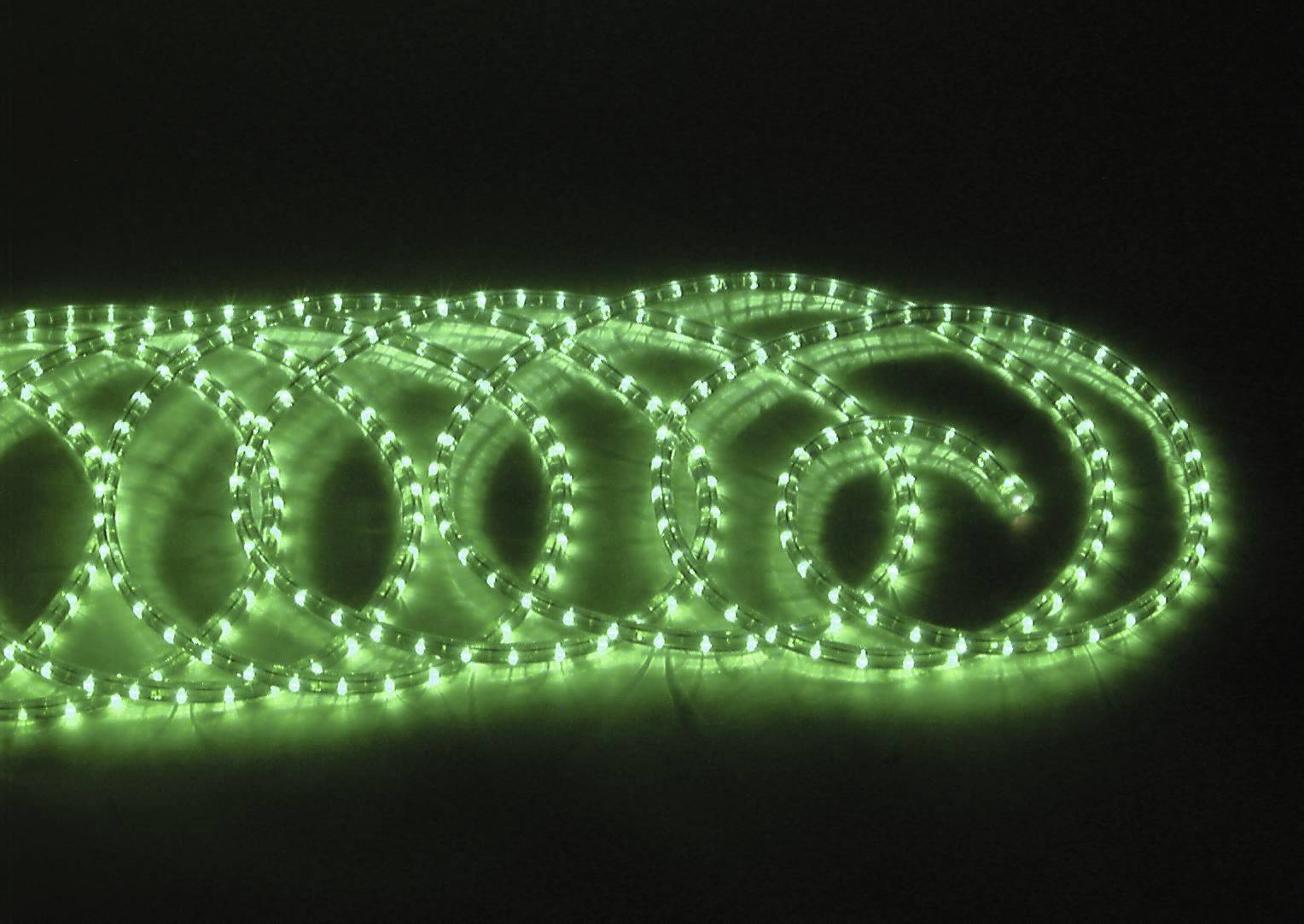 Ein ringförmig gelegter LED-Lichtschlauch leuchtet hellgrün in einer dunklen Umgebung.