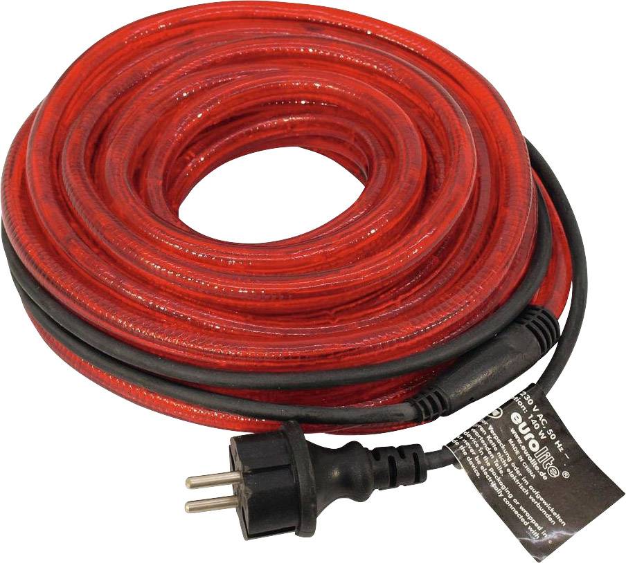 Rote, aufgerollte Lichterkette mit schwarzem Stromstecker, geeignet für Dekorationen oder Beleuchtungszwecke.