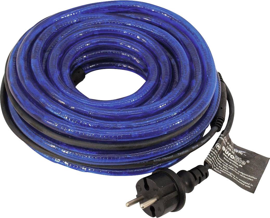 Ein blauer, aufgerollter Heizkabel mit schwarzem Stecker und Etikett, das für den Einsatz im Freien zur Frostschutzheizung geeignet ist.
