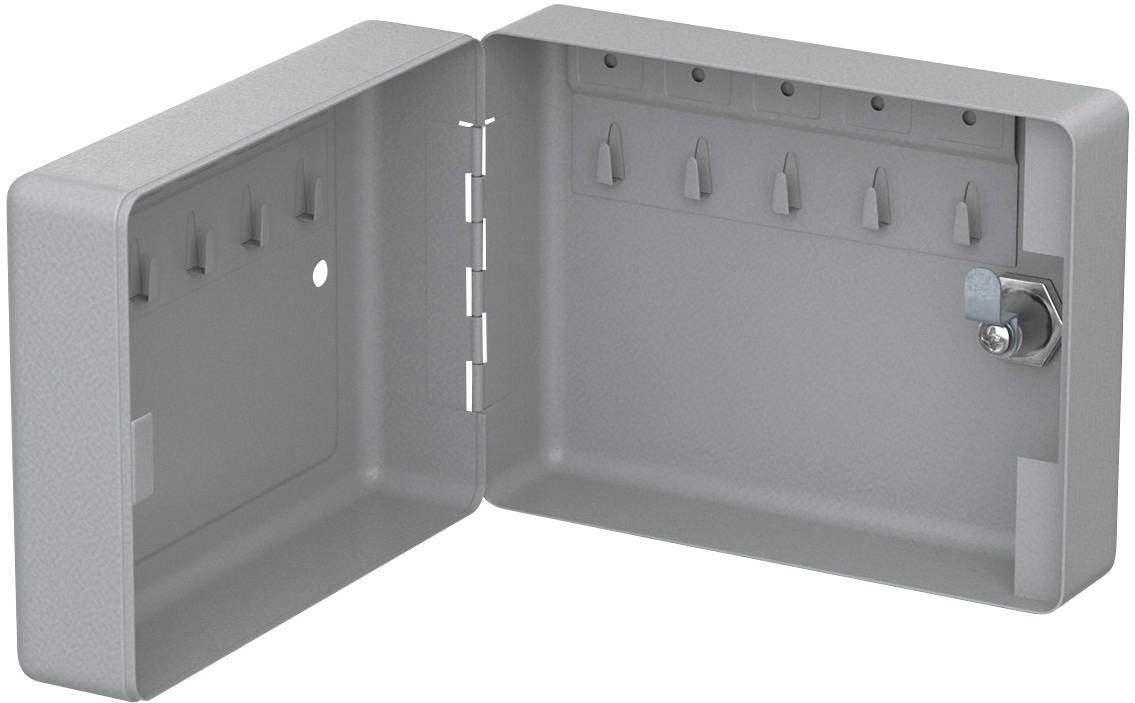 Grauer Metallkasten mit offenem Deckel, an der Wand montiert, zeigt fünf Haken zur Aufbewahrung von Schlüsseln oder kleinen Gegenständen.