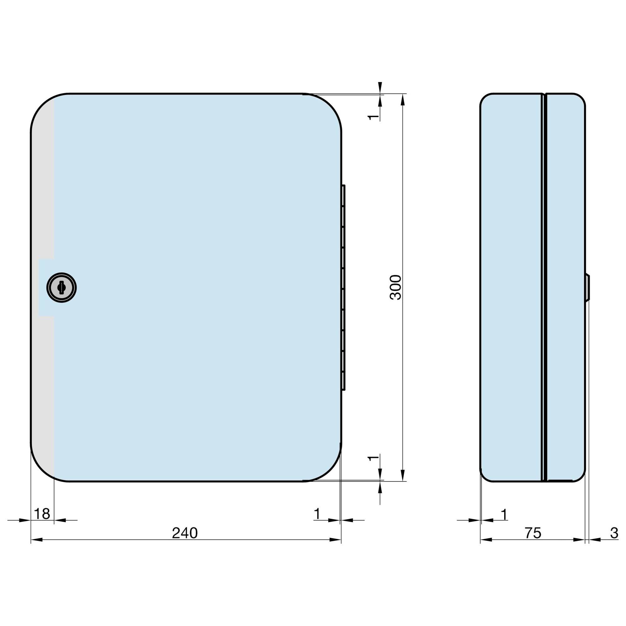 Blaues, rechteckiges Gehäuse mit Scharnier und Schloss, frontale Maße 240x300 mm, Seitenansicht 75 mm tief.