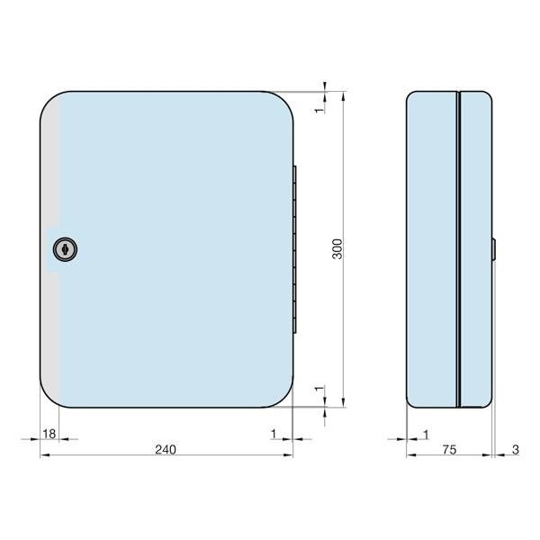 Diagramm eines rechteckigen Kastens mit Maßen: Vorderansicht 240 mm x 300 mm, Seitenansicht 75 mm. Materialstärke 1 mm.