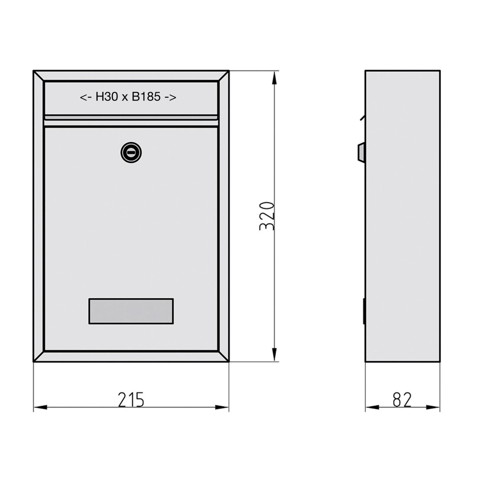 Technische Zeichnung einer rechteckigen Kiste. Vorderansicht zeigt Abmessungen: Höhe 320 mm, Breite 215 mm. Seitenansicht zeigt Tiefe von 82 mm.