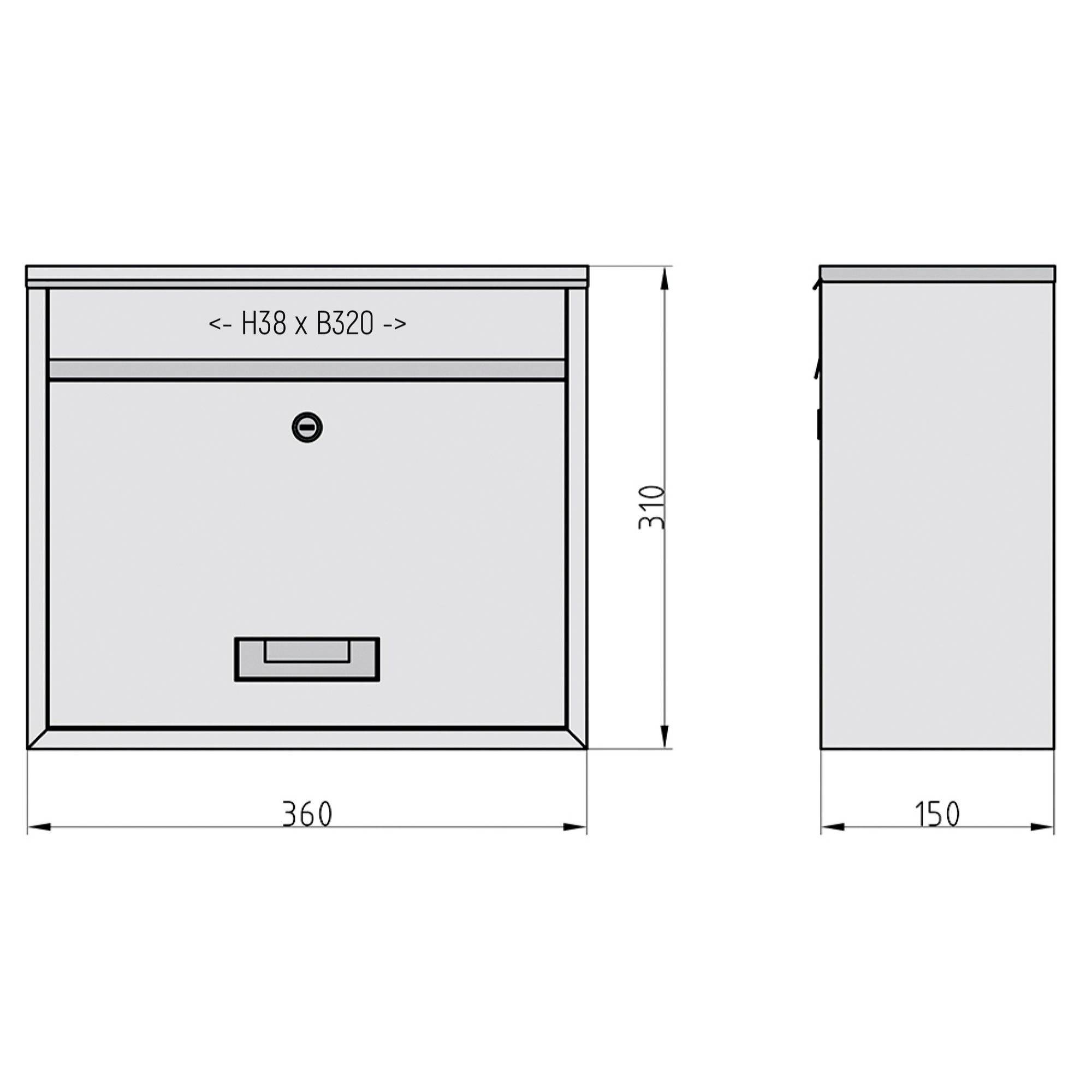 Briefkastenabmessungen: 360 mm Breite, 150 mm Tiefe, 310 mm Höhe, mit einer Öffnung von H38 x B320 mm.