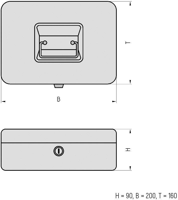 Technische Zeichnung eines rechteckigen Gehäuses mit Griff und Schloss, Maße: Höhe 90 mm, Breite 200 mm, Tiefe 160 mm.