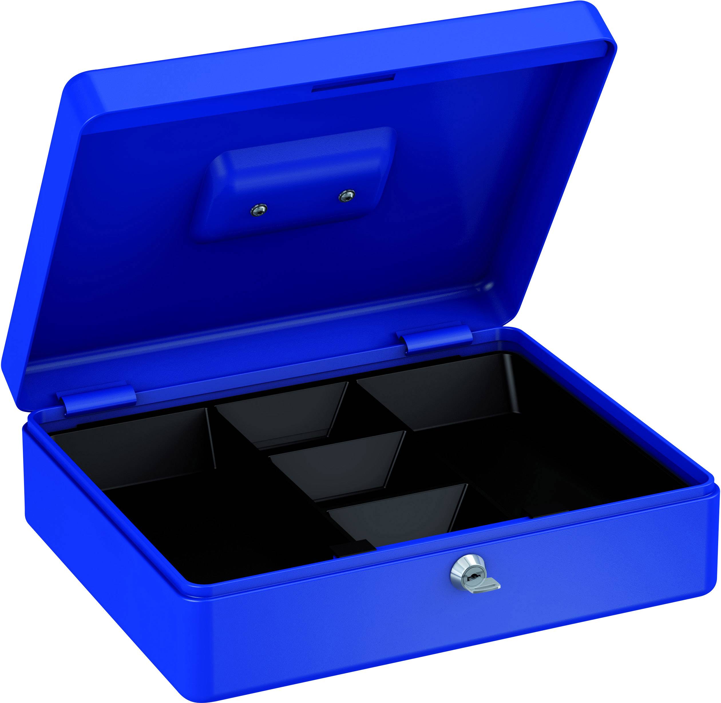 Blaue Geldkassette mit offenem Deckel, fünf schwarzen Fächern und einem Schloss an der Vorderseite.