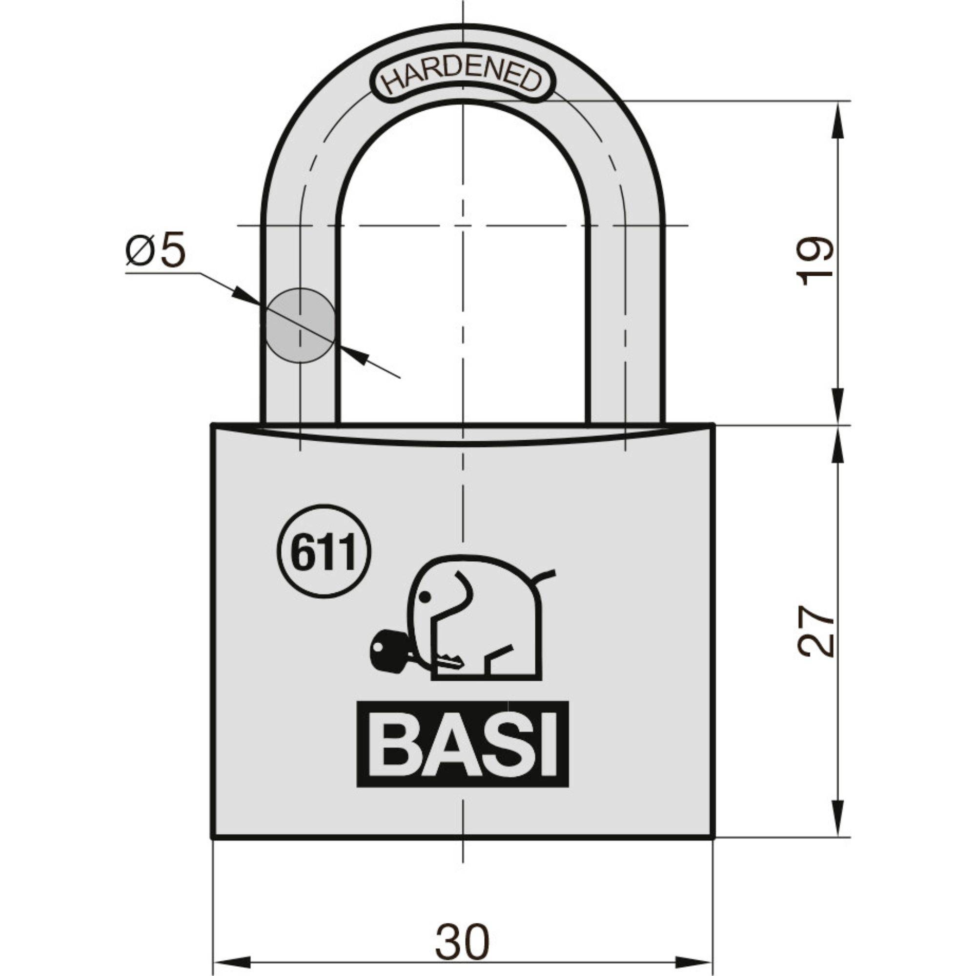 Abbildung eines BASI-Vorhängeschlosses mit den Abmessungen 30 mm Breite, 19 mm Bügelhöhe und 5 mm Bügelduchmesser. Modell '611' wird angezeigt.